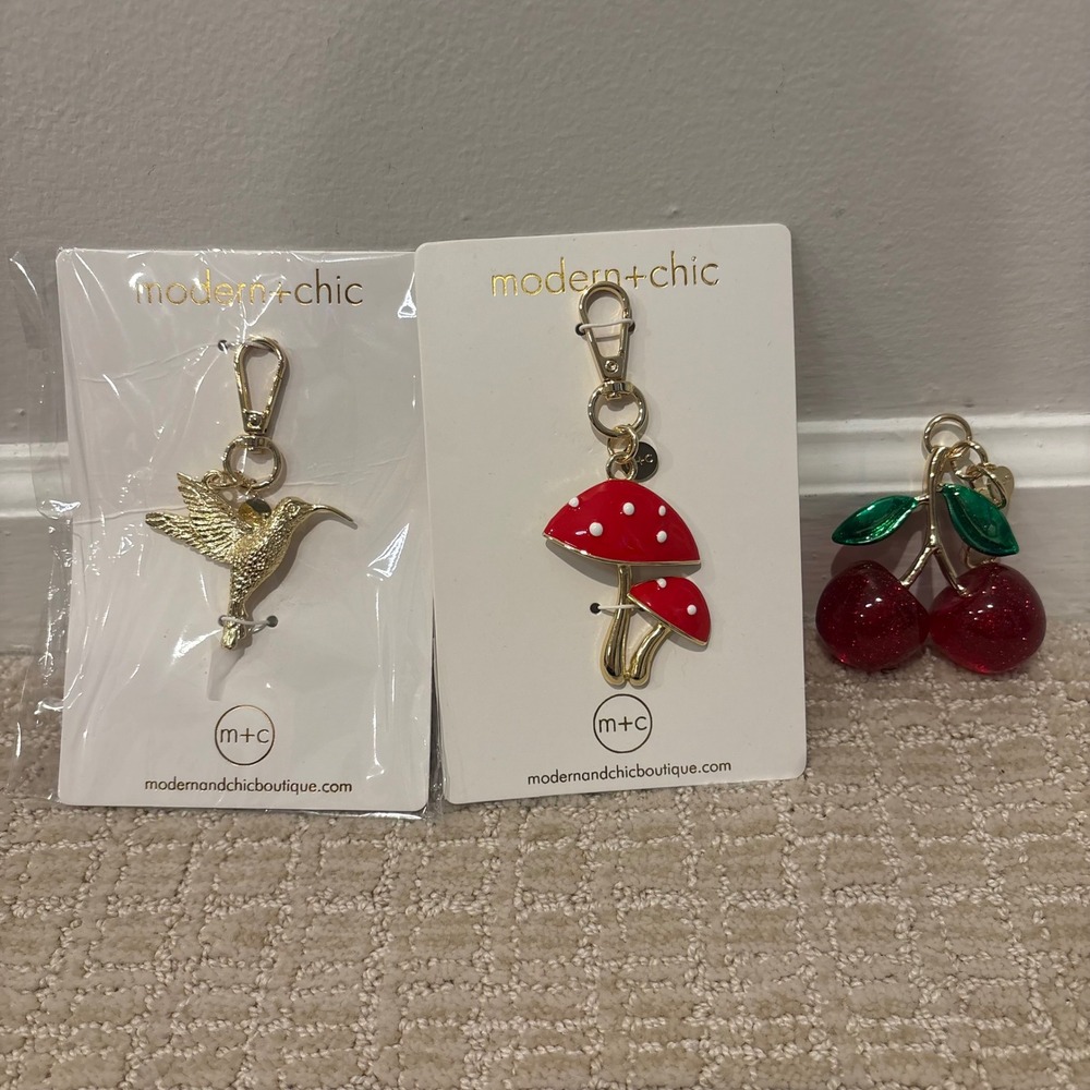 Modern+Chic Keychains Set Bag Charms Gold Red Hummingbird Mushroom Cherry Charms